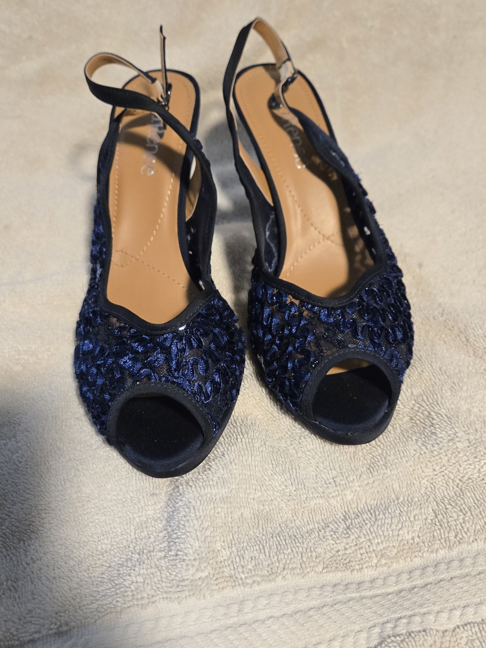 J.Renee Navy Blue Peep-Toe Slingback Heels with Textured Upper 10W